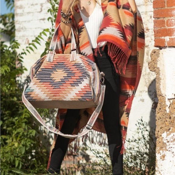 90. LAST 1! Blue Vacation Bag Woven Boho Bohemian Aztec Duffle Travel Weekender - Picture 4 of 7